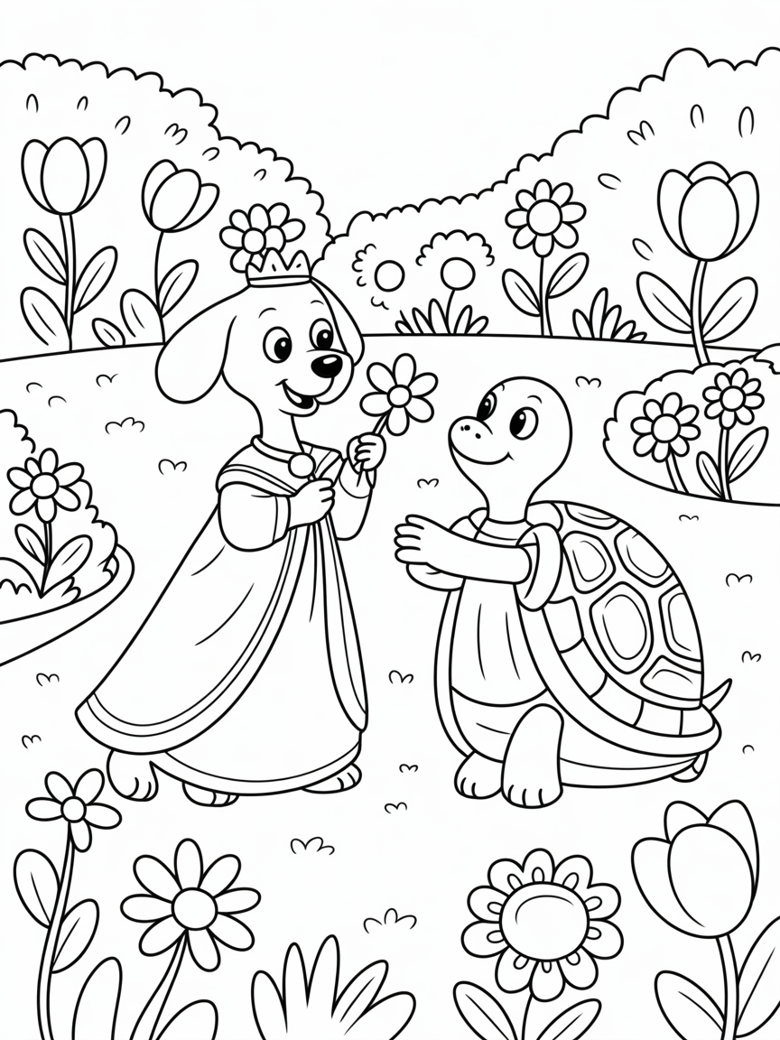 A dog and a tortoise wearing royal gowns standing in the middle of a garden full of blooming flowers - Free Coloring Page