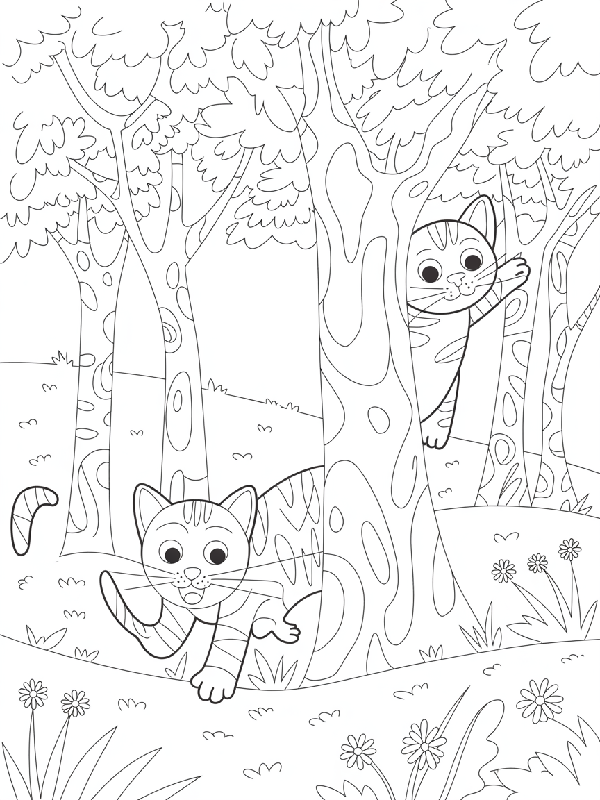 Two cats playing hide and seak in the forses - Free Coloring Page