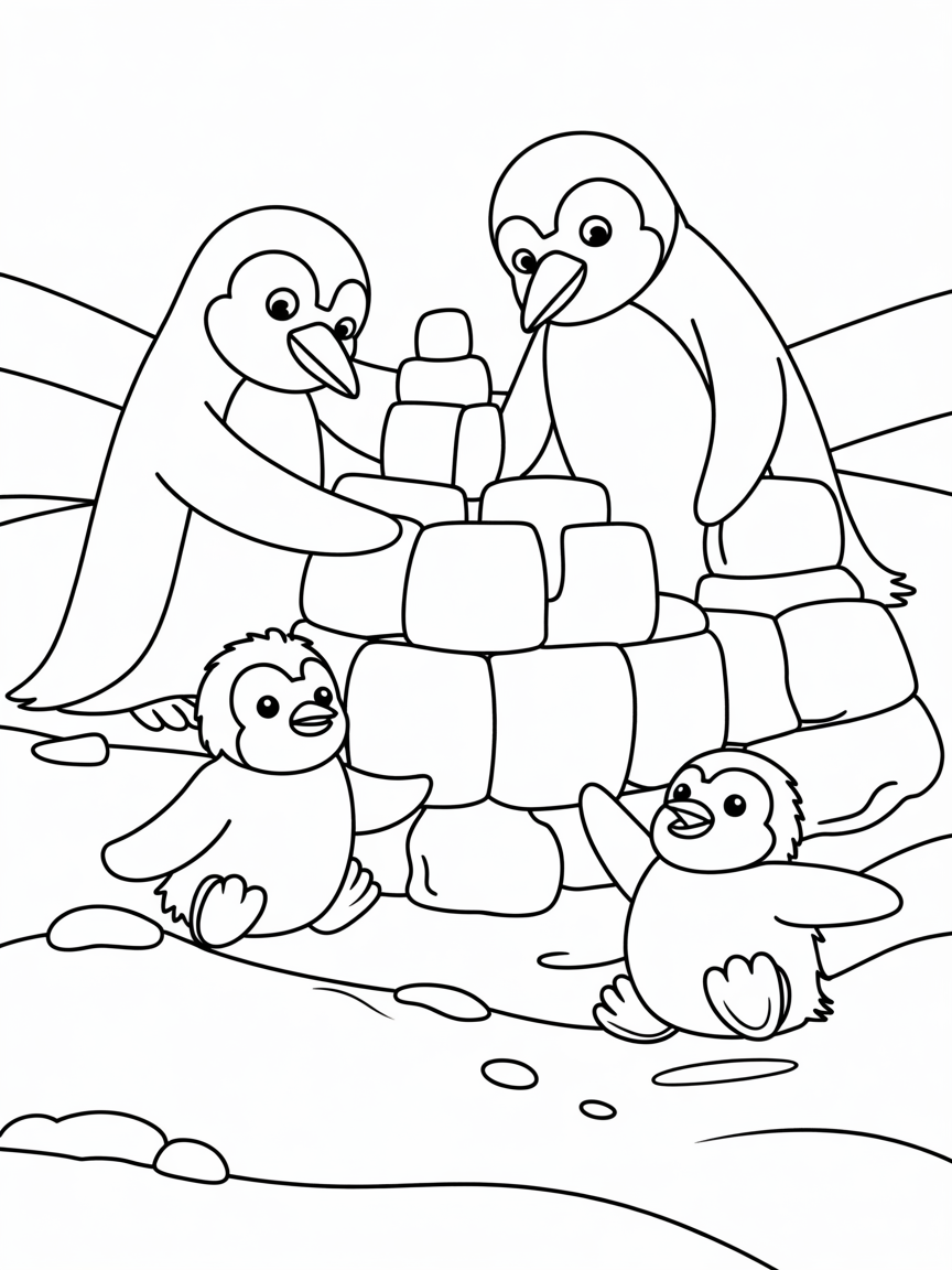 Penguin family building a snow castle - Free Coloring Page