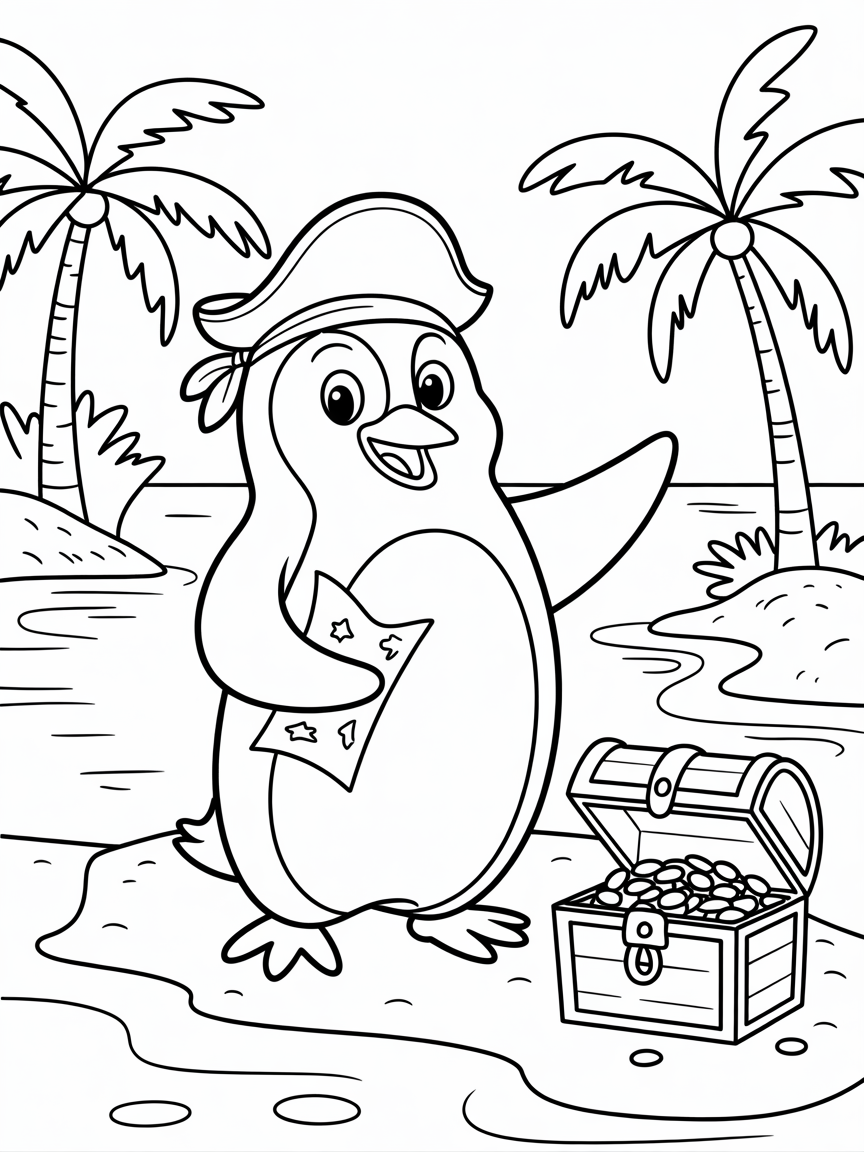 Pirate penguin discovering treasure island - Free Coloring Page