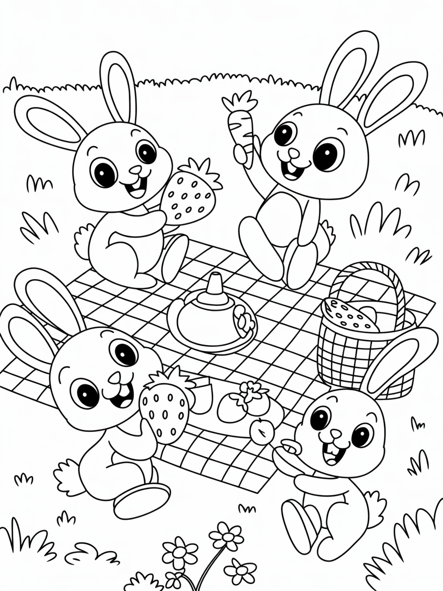 Rabbits having a picnic - Free Coloring Page