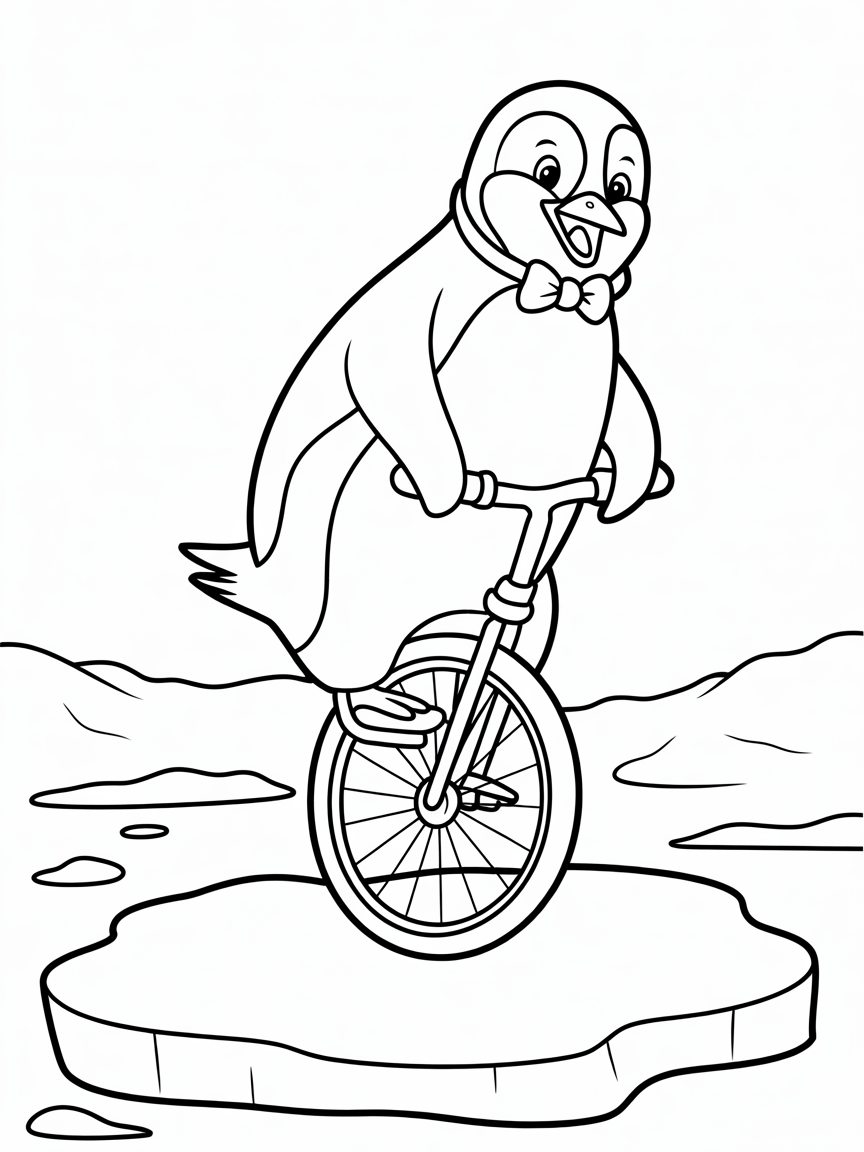 Penguin riding a unicycle on ice - Free Coloring Page