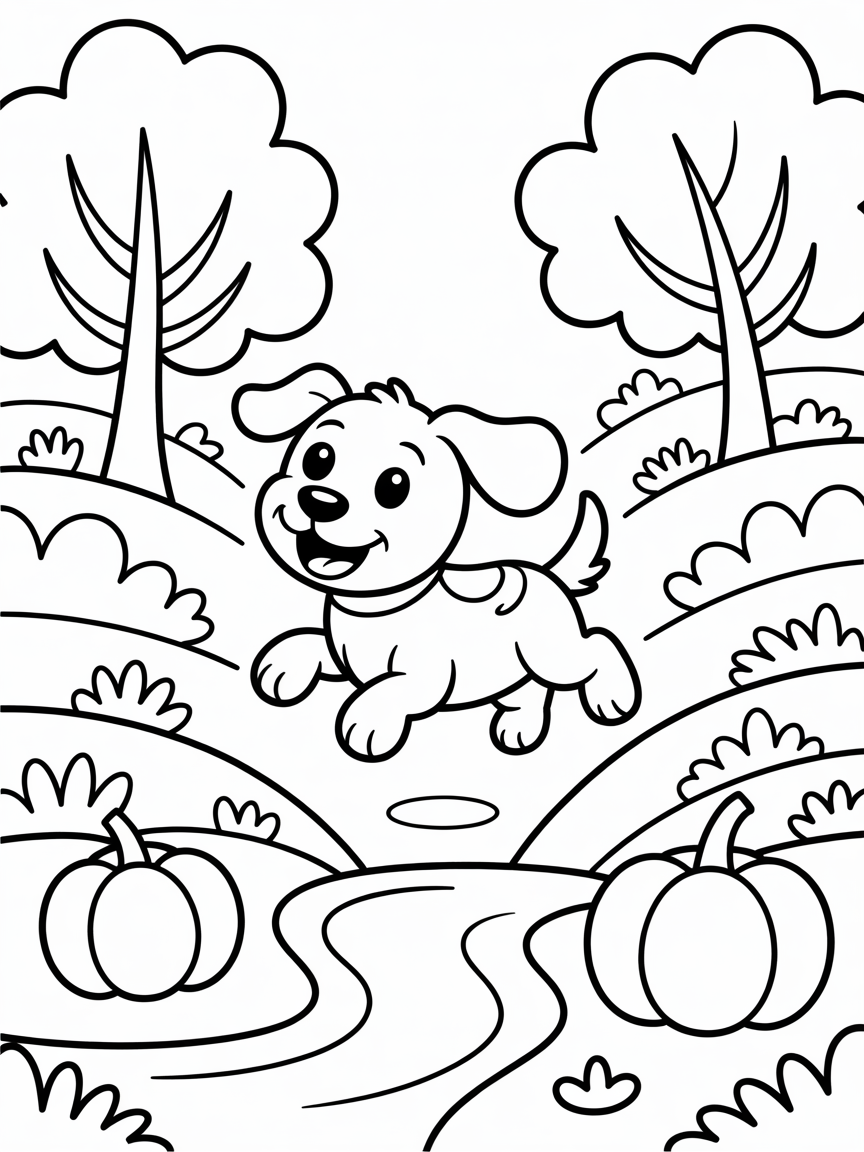 Dog running through autumn woodland with river - Free Coloring Page