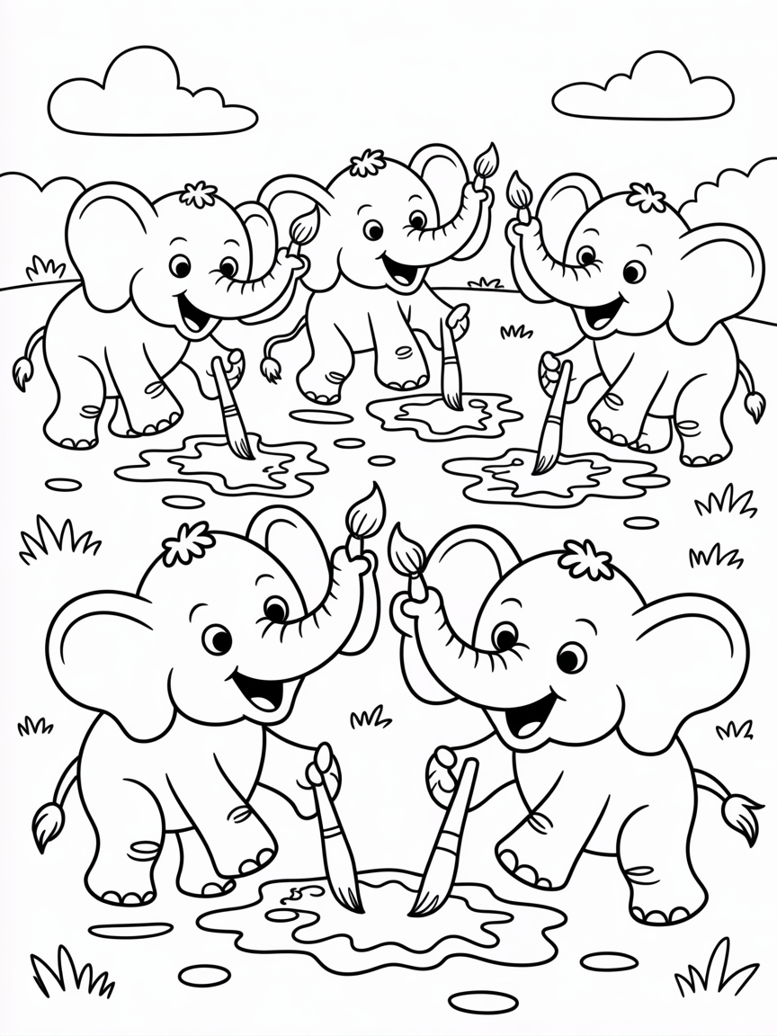 Elephants painting with colorful trunks - Free Coloring Page