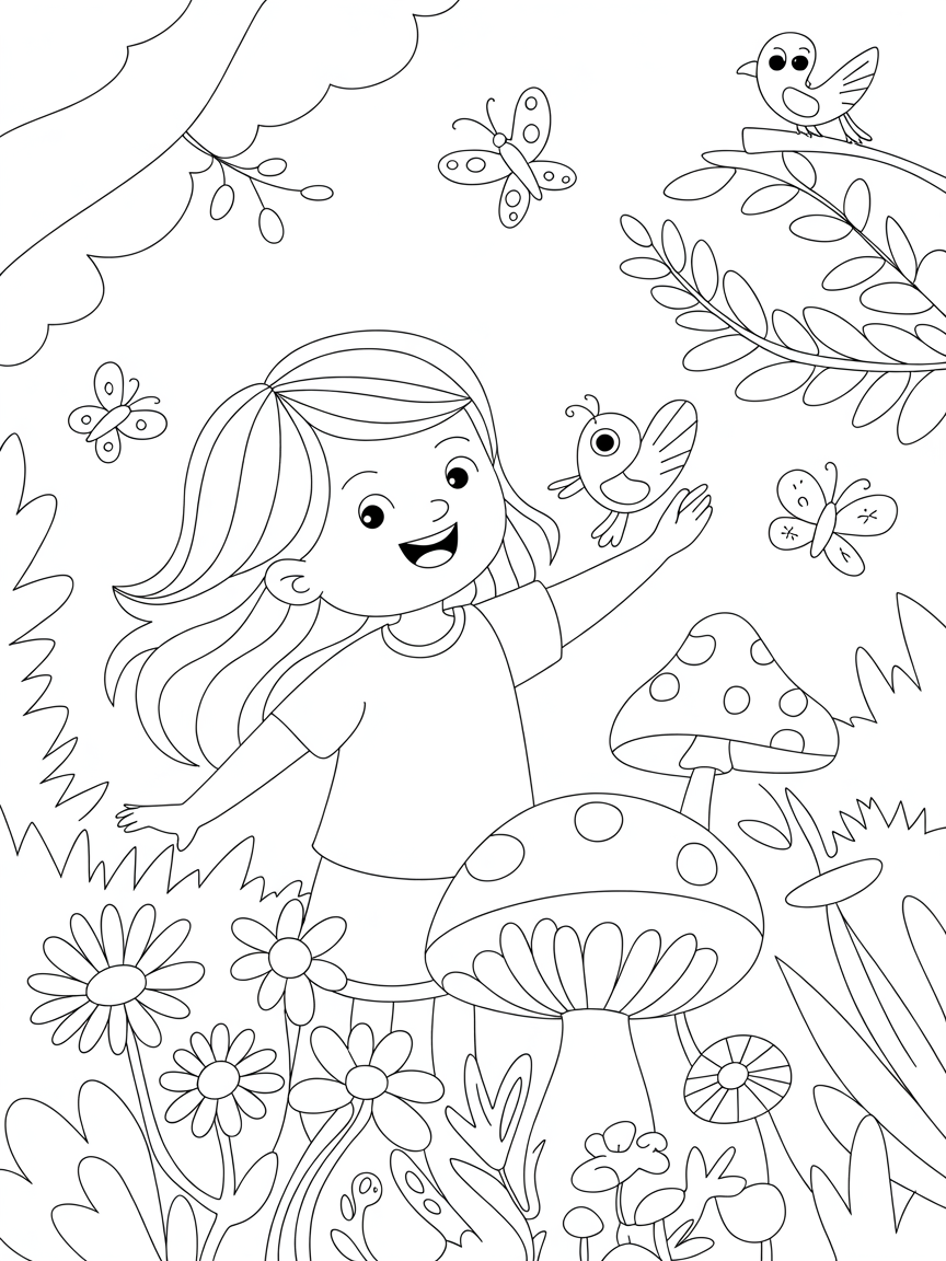 A whimsical style of a girl with long hair in a summer forest with flowers, mushroom, butterflies and small birds - Free Coloring Page