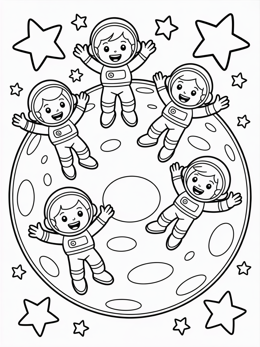 Space explorers on a trampoline moon - Free Coloring Page