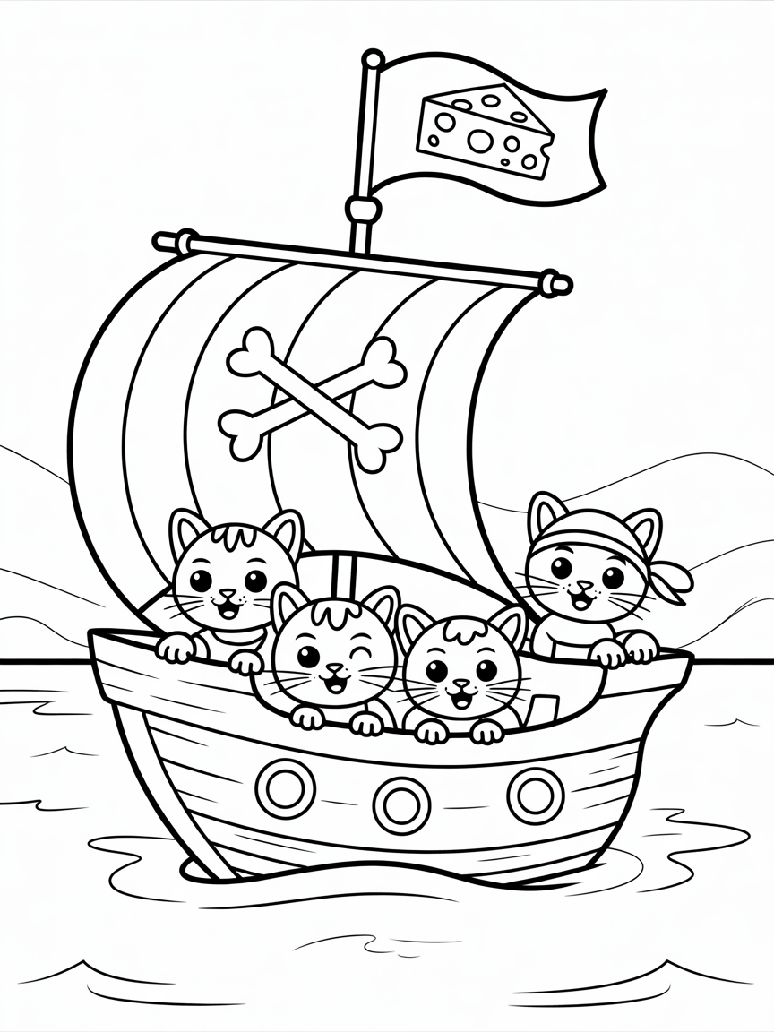 Pirate kittens sailing a cheese ship - Free Coloring Page