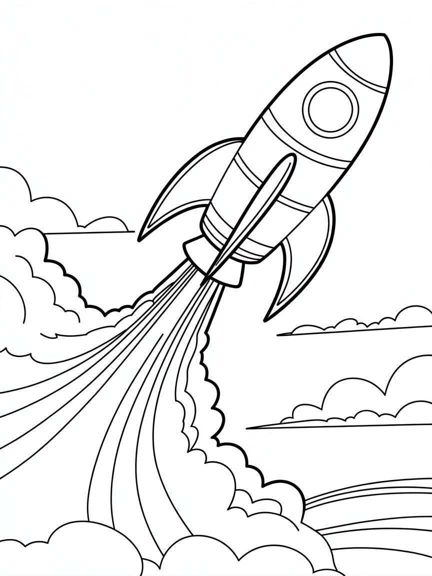 Rocket blasting off with rainbow smoke - Free Coloring Page