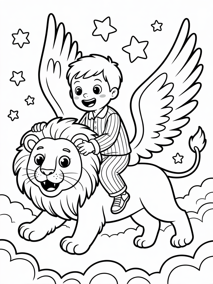 A boy riding a winged lion across the milky way in stripey pyjamas - Free Coloring Page