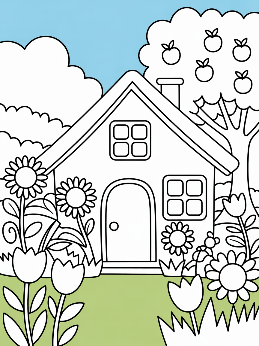 A house with a garden - Free Coloring Page