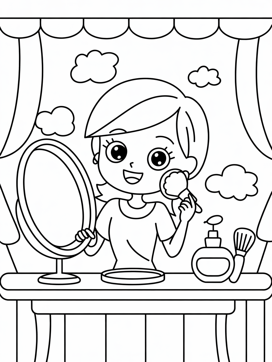 anime singer at a vanity putting on make up - Free Coloring Page