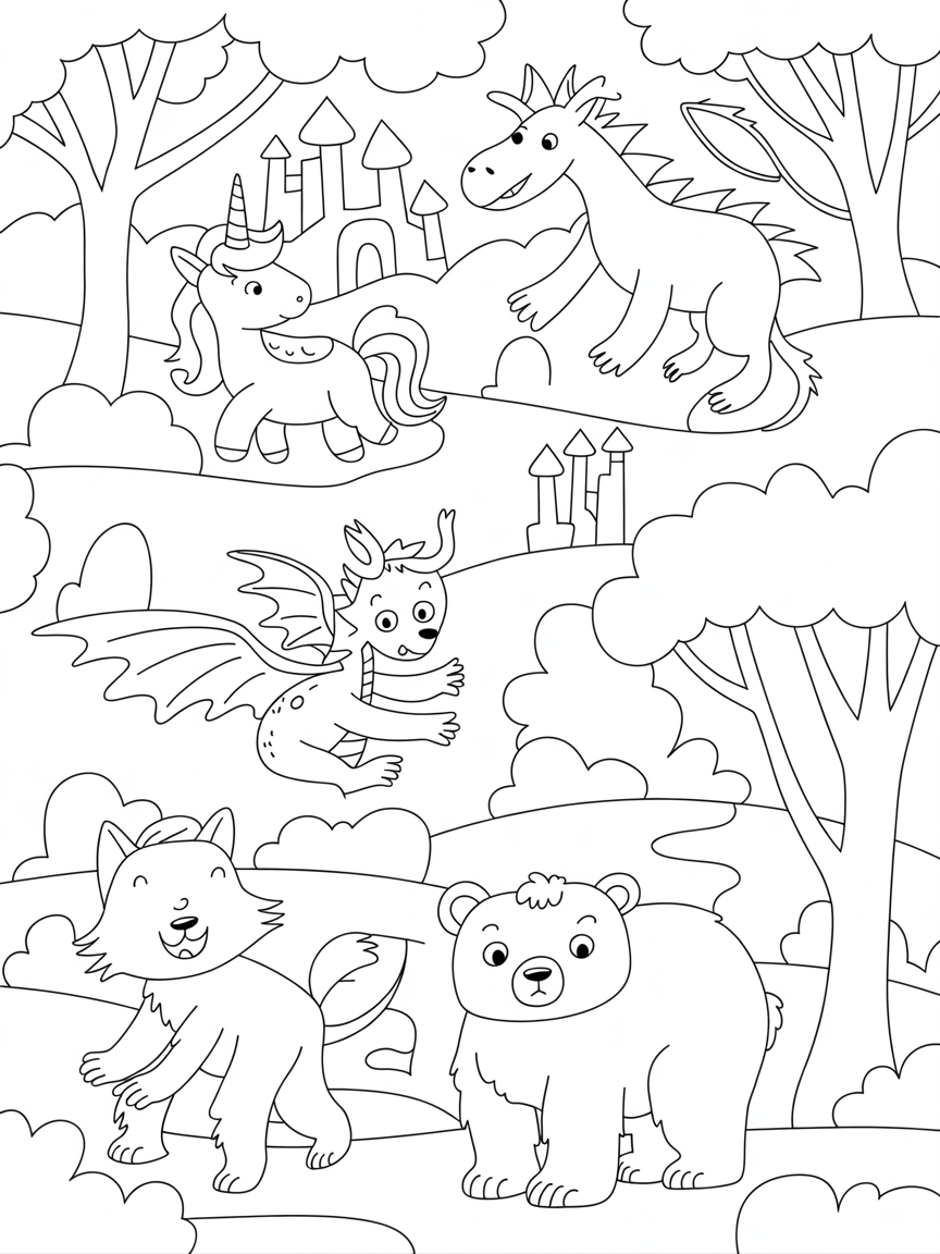 Fantasy animals in forest and castels - Free Coloring Page