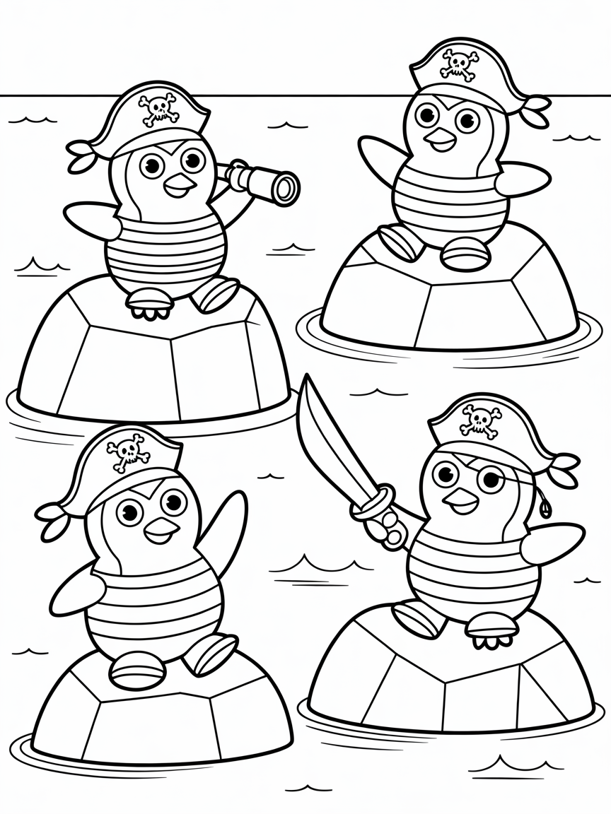 Pirate penguins sailing in icebergs - Free Coloring Page