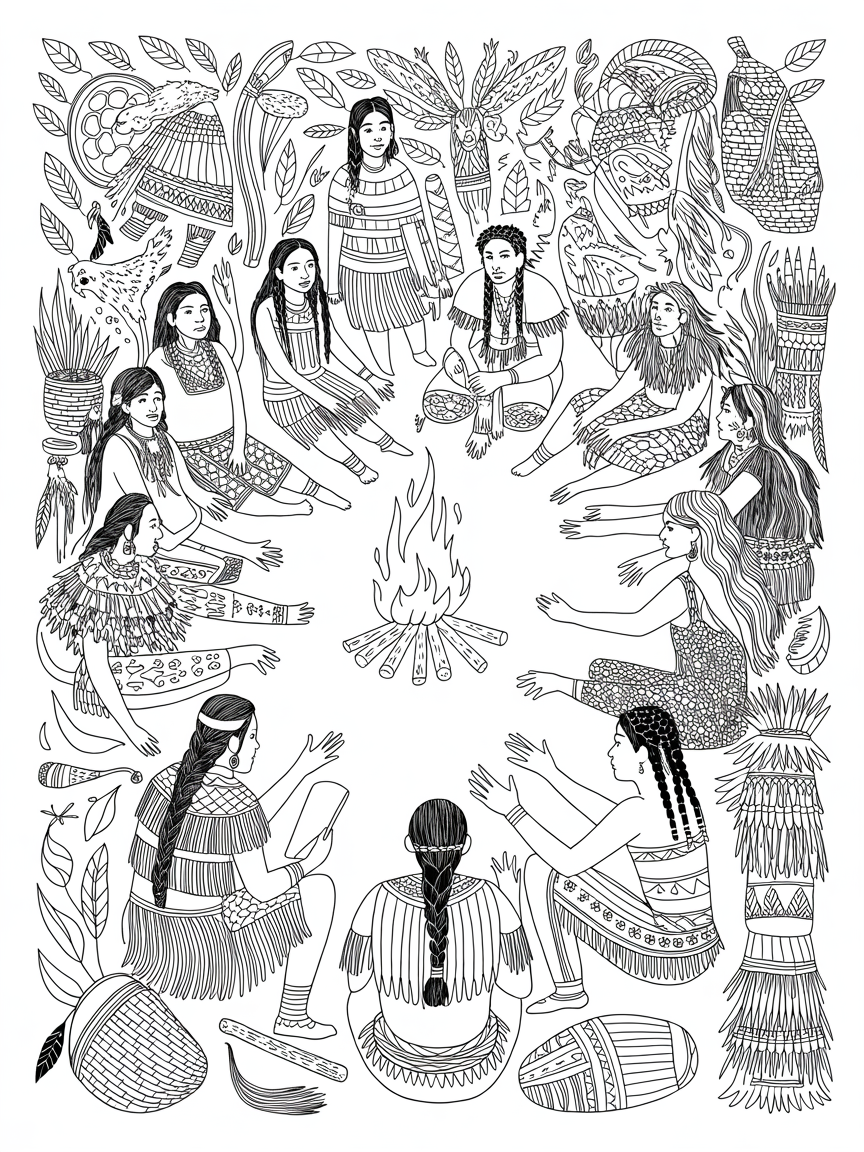 Imdigenous people sitting in a circle - Free Coloring Page