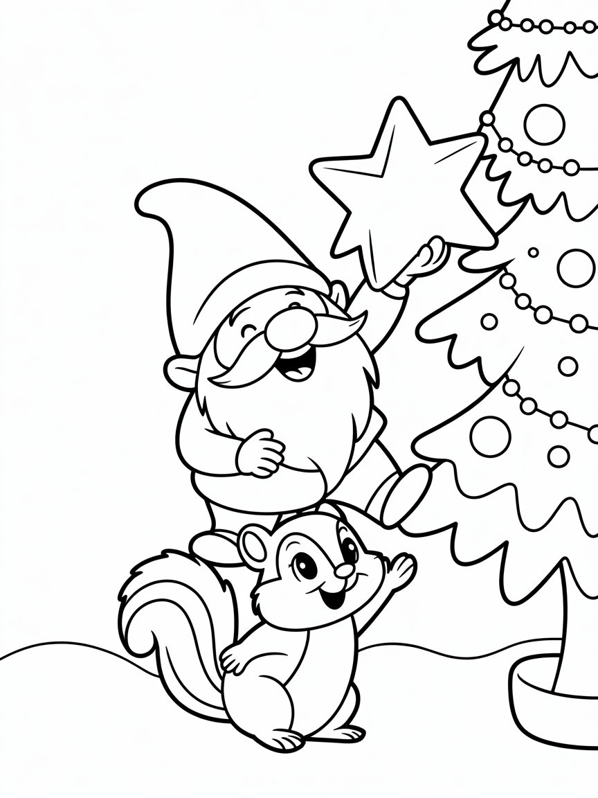 Gnome standing on a chipmunks head to place a star on top of a christmas tree - Free Coloring Page