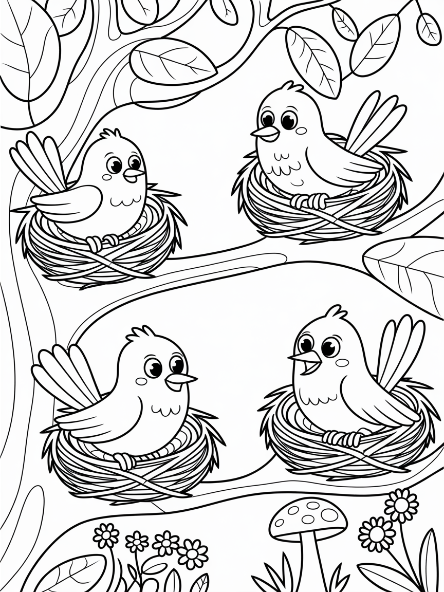 Birds with nests in a fairy forest - Free Coloring Page