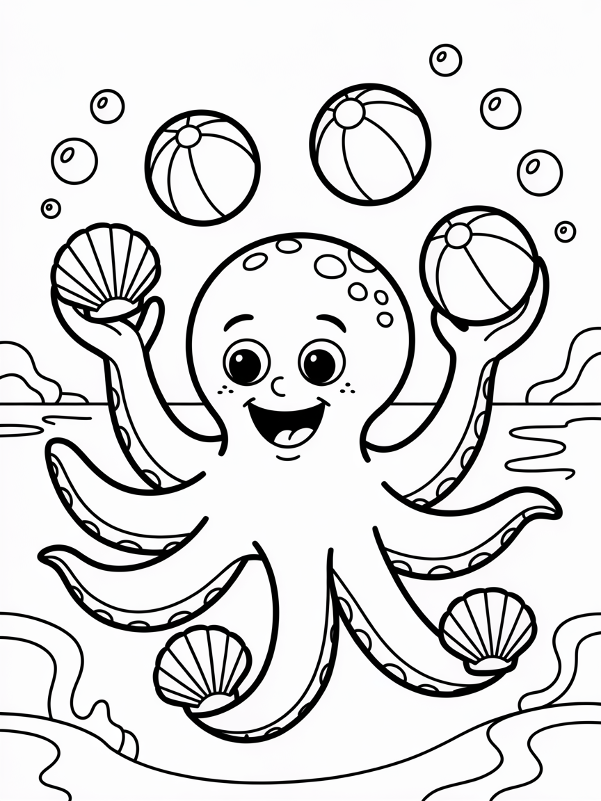Octopus juggling beach balls and seashells - Free Coloring Page