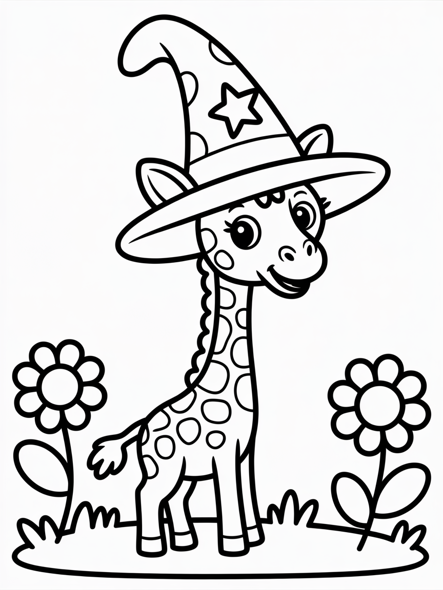 Giraffe wearing a wizard's hat - Free Coloring Page