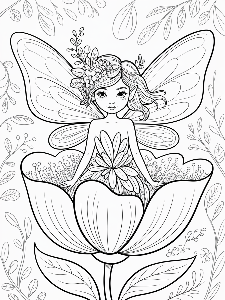 Fairy flower portrait - Free Coloring Page