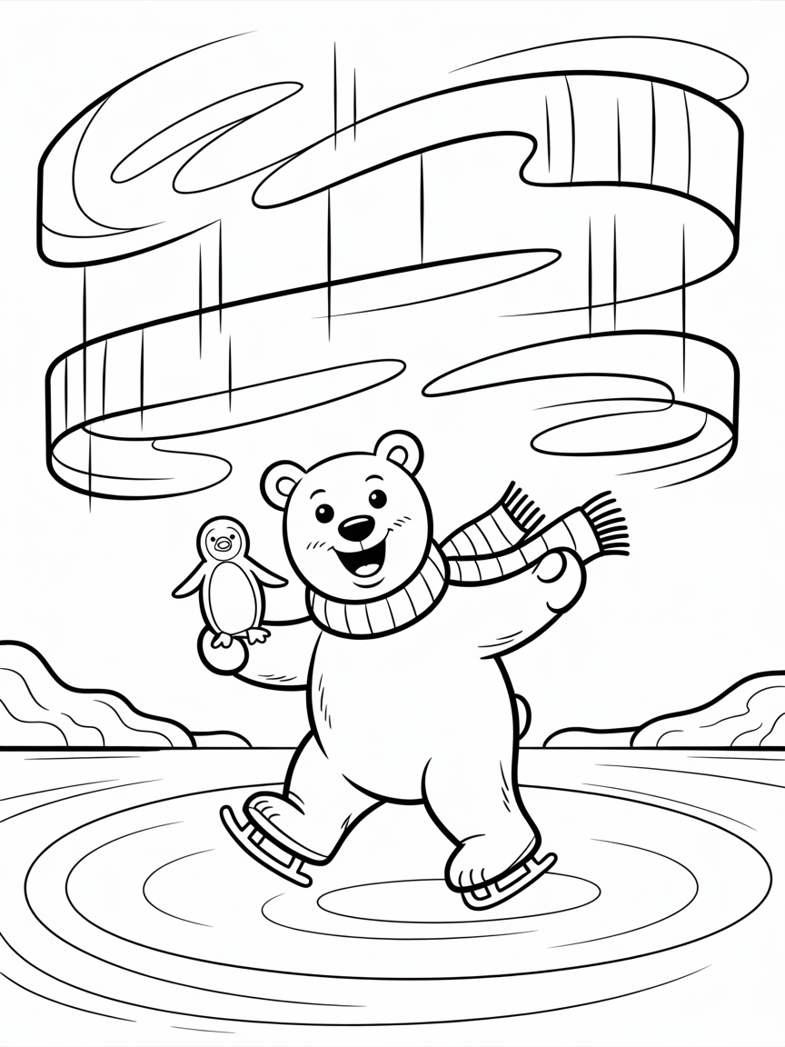 Polar bear ice-skating under northern lights - Free Coloring Page