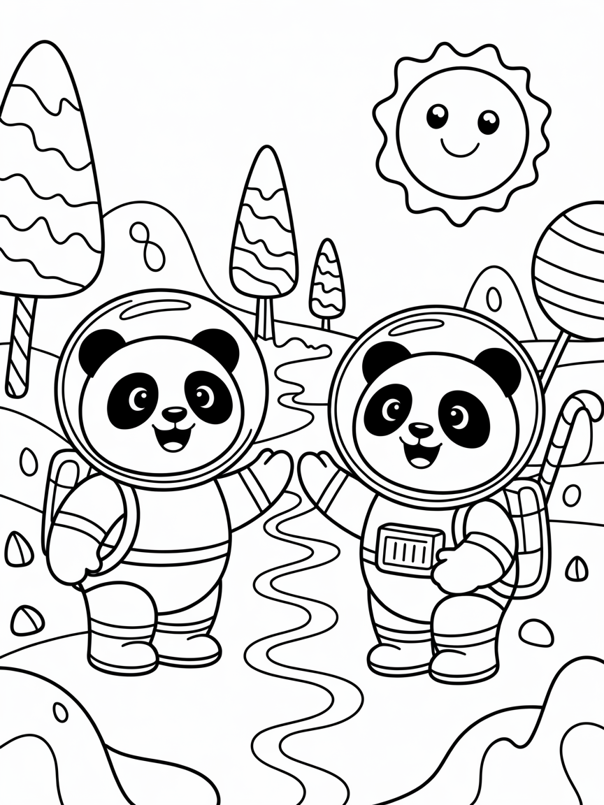 Panda astronauts exploring candy planet - Free Coloring Page