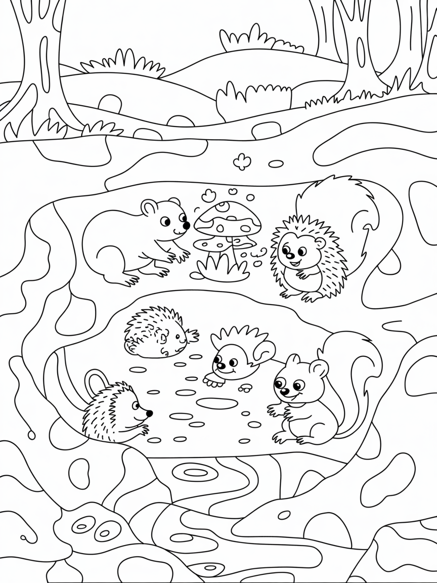 Secret world of moles and other woodland creatures - Free Coloring Page