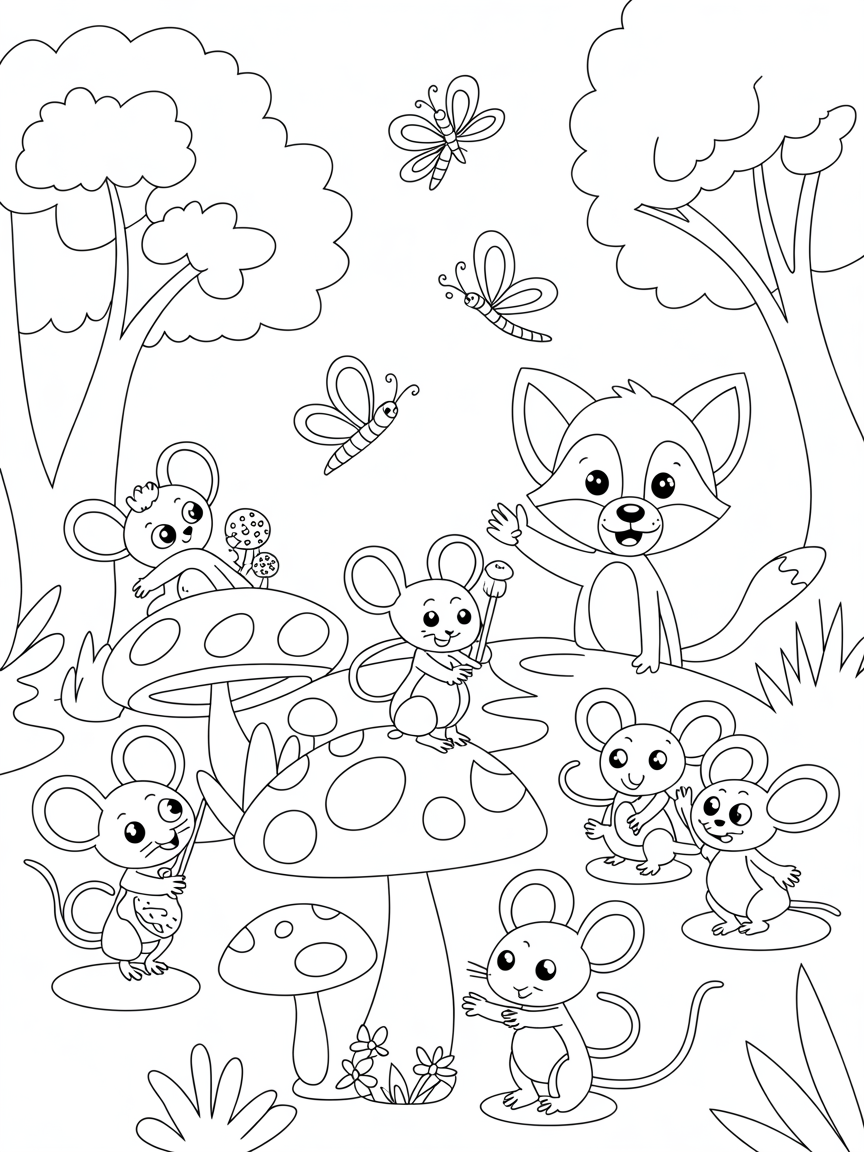 forest with colourfil leaves, mice and mushroom and a fox, butterflies, dragonflies, flowers - Free Coloring Page