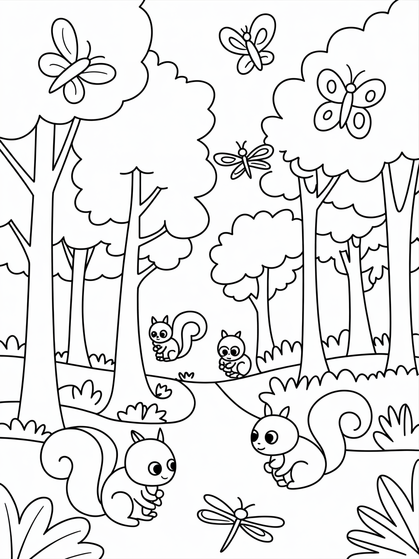 beautiful forest , trees, leaves, squirrels, butterfiles, dragonflies - Free Coloring Page