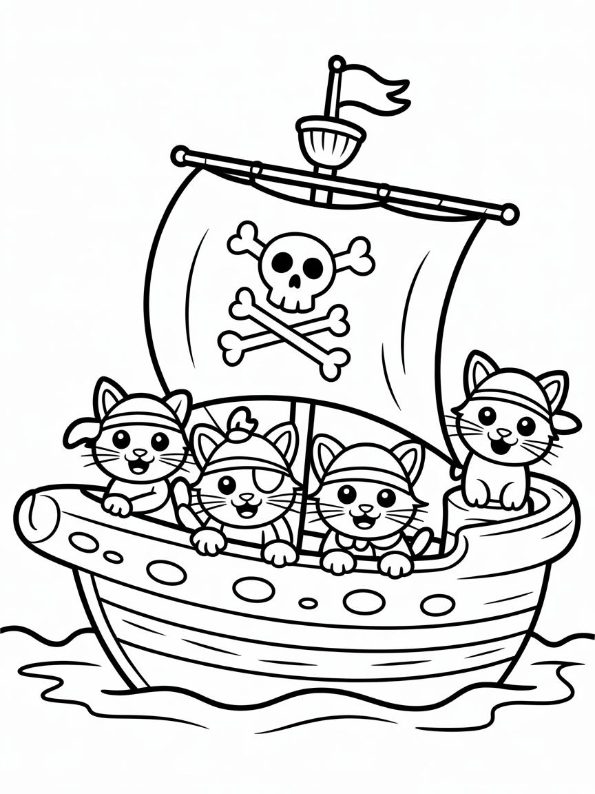 Pirate kittens sailing on cheese ship - Free Coloring Page