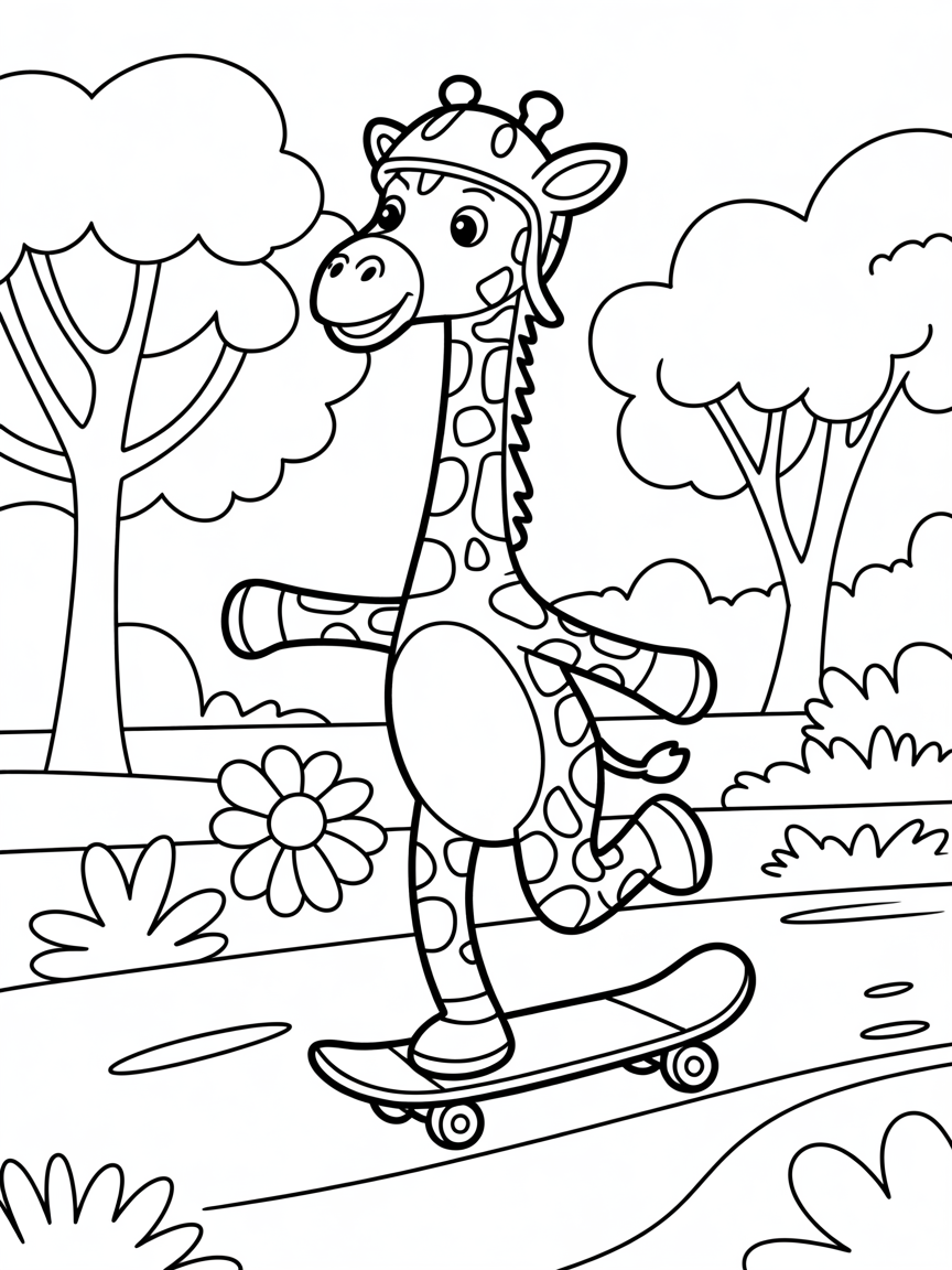 Giraffe skateboarding in a jungle park - Free Coloring Page