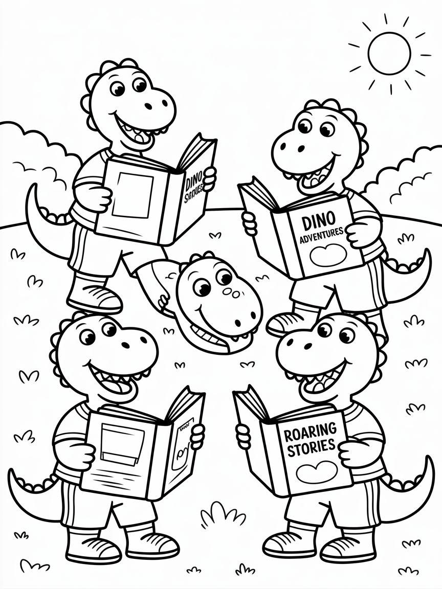 Super dinosaur footballers reading books - Free Coloring Page