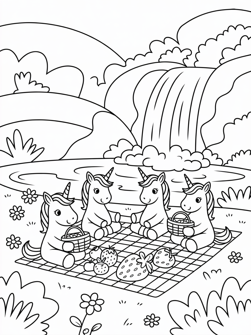 Unicorns having a picnic by a waterfall - Free Coloring Page