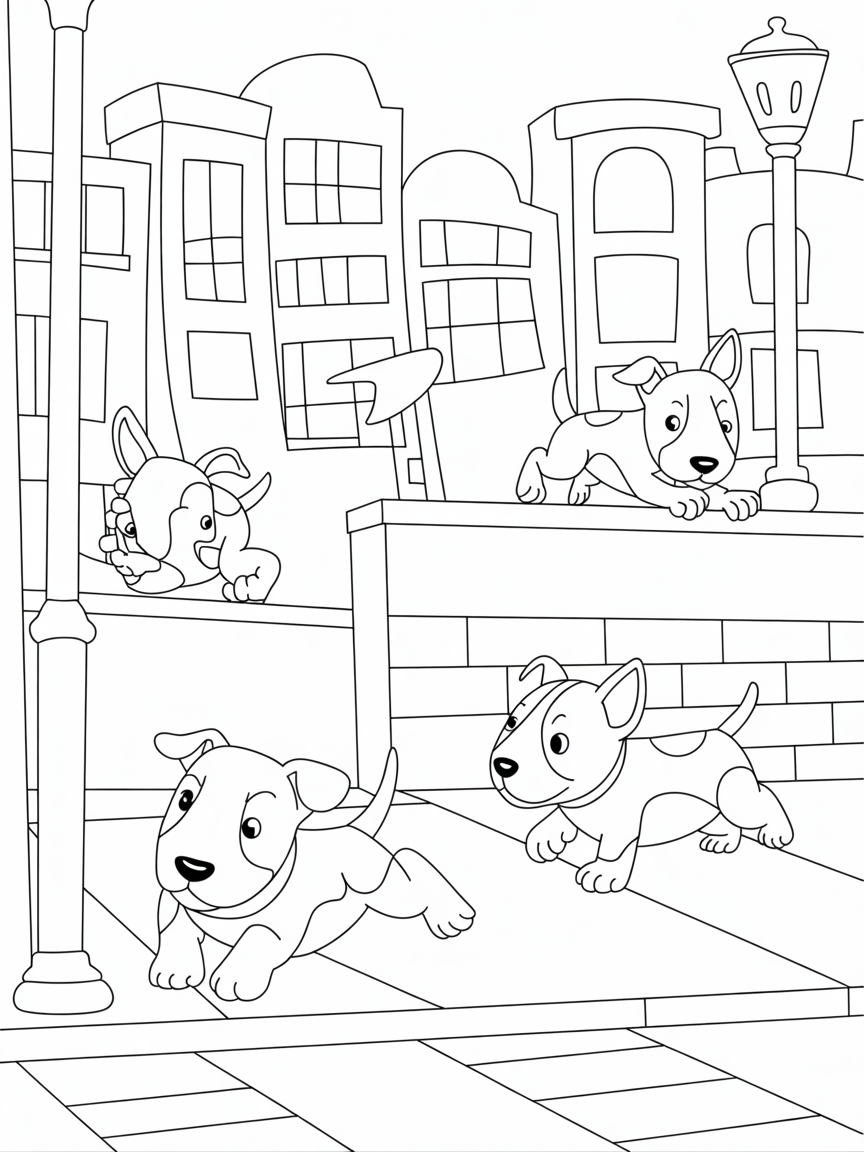 Bull terrier dogs playing hide and seek in a citys ape - Free Coloring Page