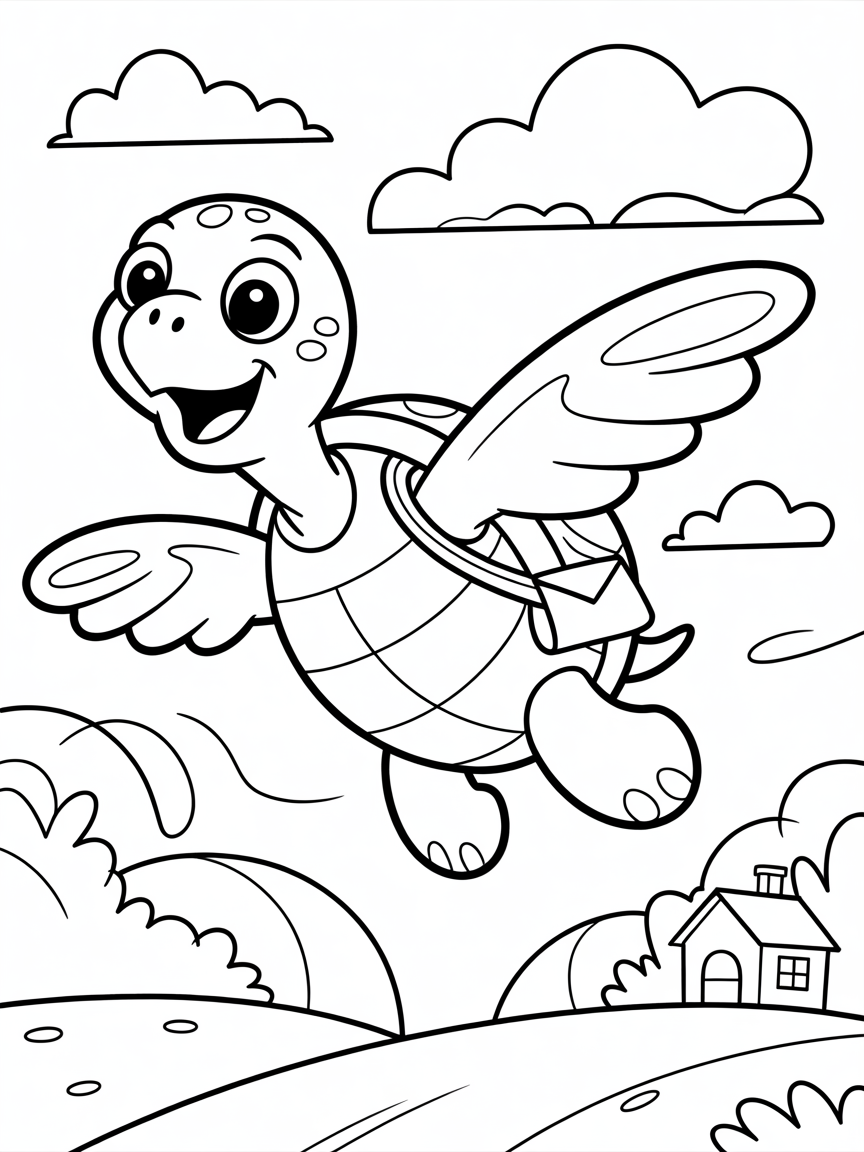 Flying turtle delivering mail - Free Coloring Page