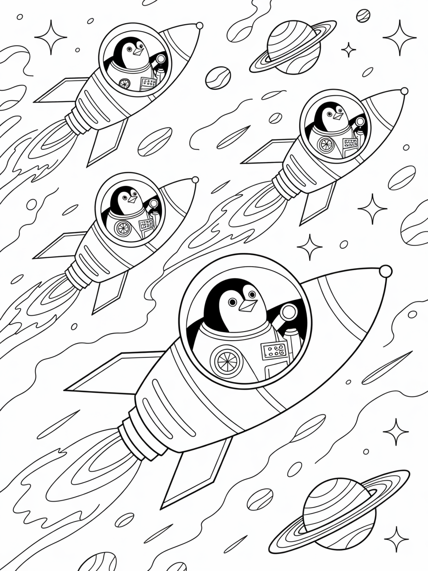 Space-faring penguins in rocket ships - Free Coloring Page