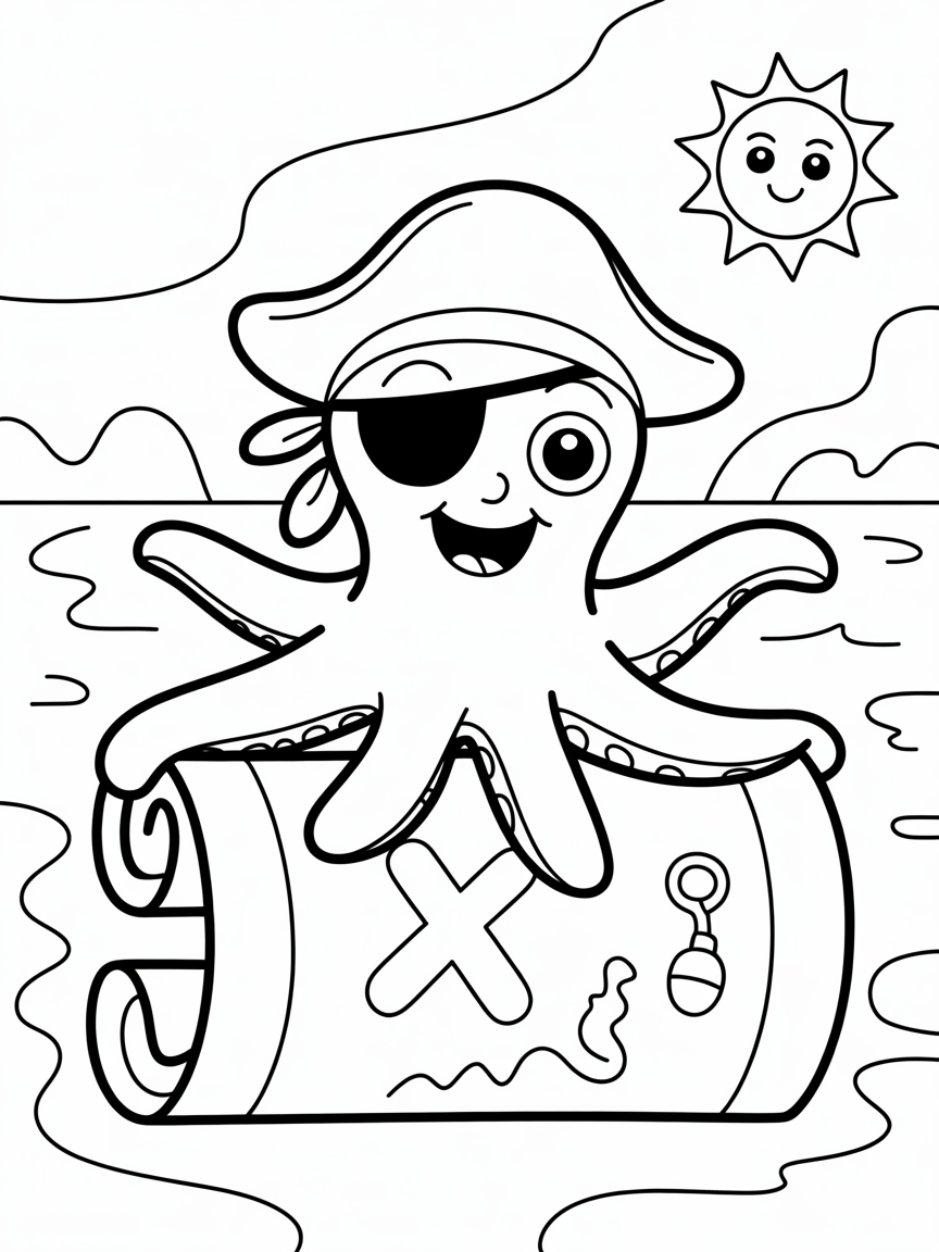 Pirate octopus steering a treasure map - Free Coloring Page