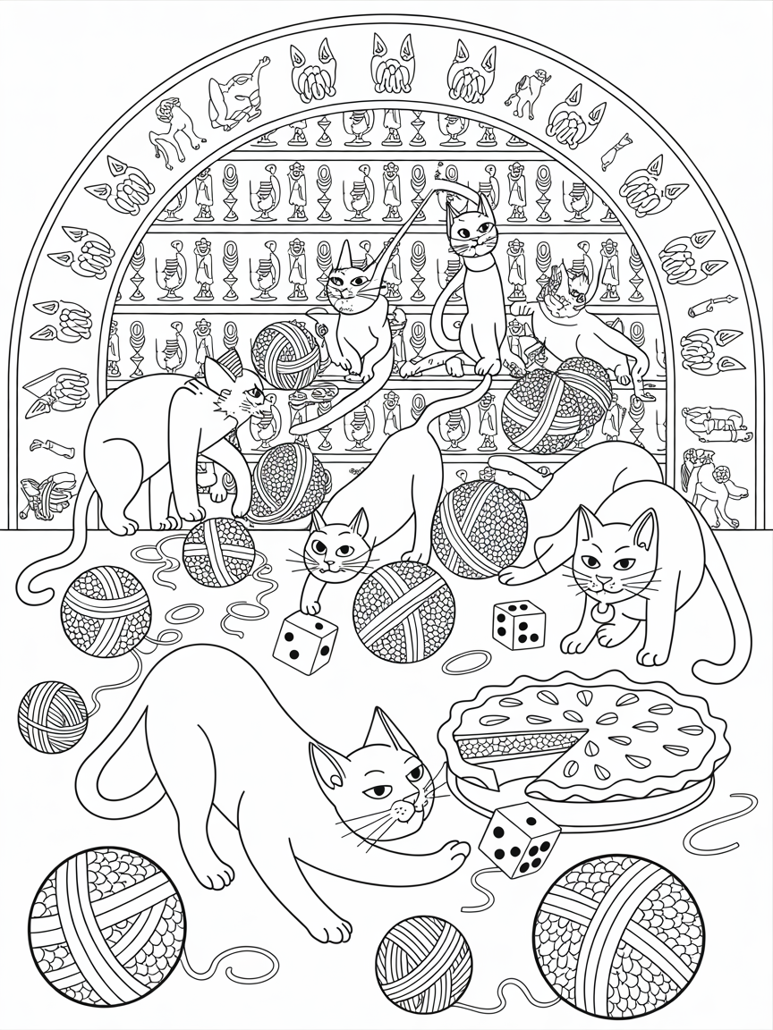 Medieval cats playing games with hieroglyphics and apple pie - Free Coloring Page