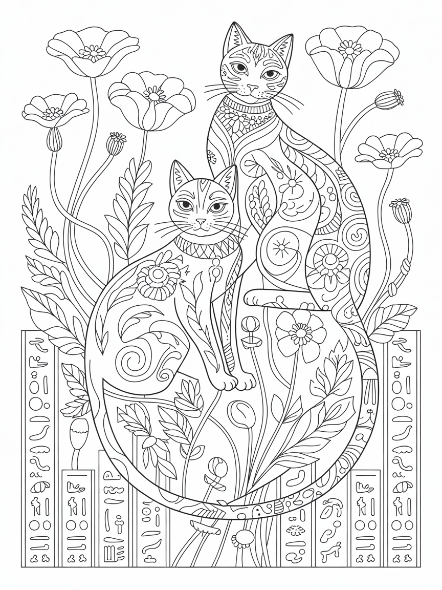 Art nouveau cats with hieroglyphics and poppies - Free Coloring Page