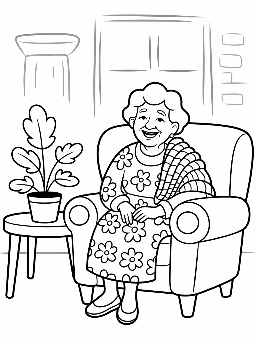 Granny sitting in a chair - Free Coloring Page