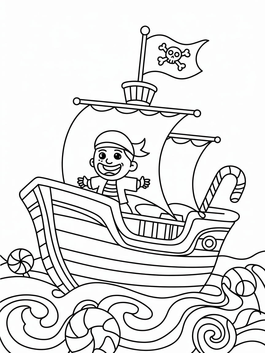 Pirate ship sailing through candy sea - Free Coloring Page