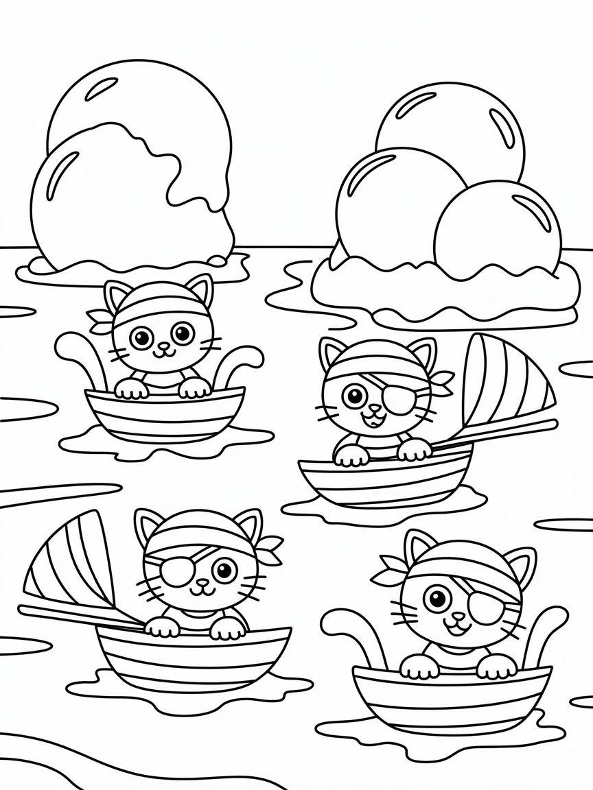 Pirate cats sailing ice cream seas - Free Coloring Page