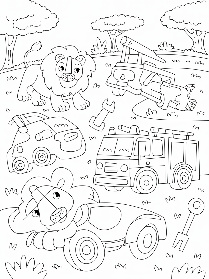 A page with lots of animals and cars and tools - Free Coloring Page