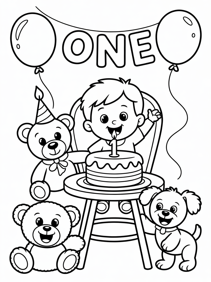 Birthday party for 1 year old boy - Free Coloring Page
