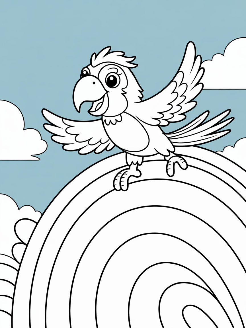 Pirate parrot surfing a rainbow wave - Free Coloring Page