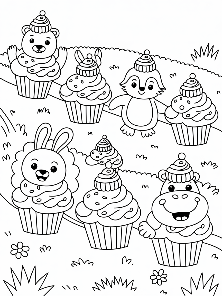 Cupcake parade with marching animals - Free Coloring Page