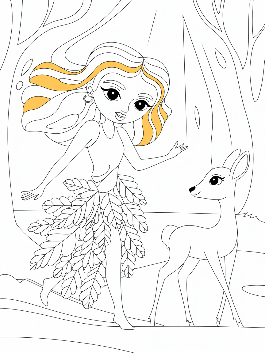 Beautiful mystical woman, deep chestnut eyes, flowing honey-colored hair with golden highlights, walking playfully in the forest, singing softly. She wears a long flowing colorful dress made of autumn leaves. Her totem animal, a graceful deer, appears near her. Ethereal, magical atmosphere, sunlight shimmering through the trees - Free Coloring Page