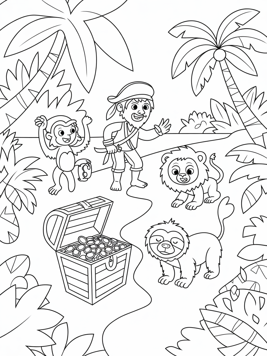 Pirate treasure hunt with jungle animals - Free Coloring Page