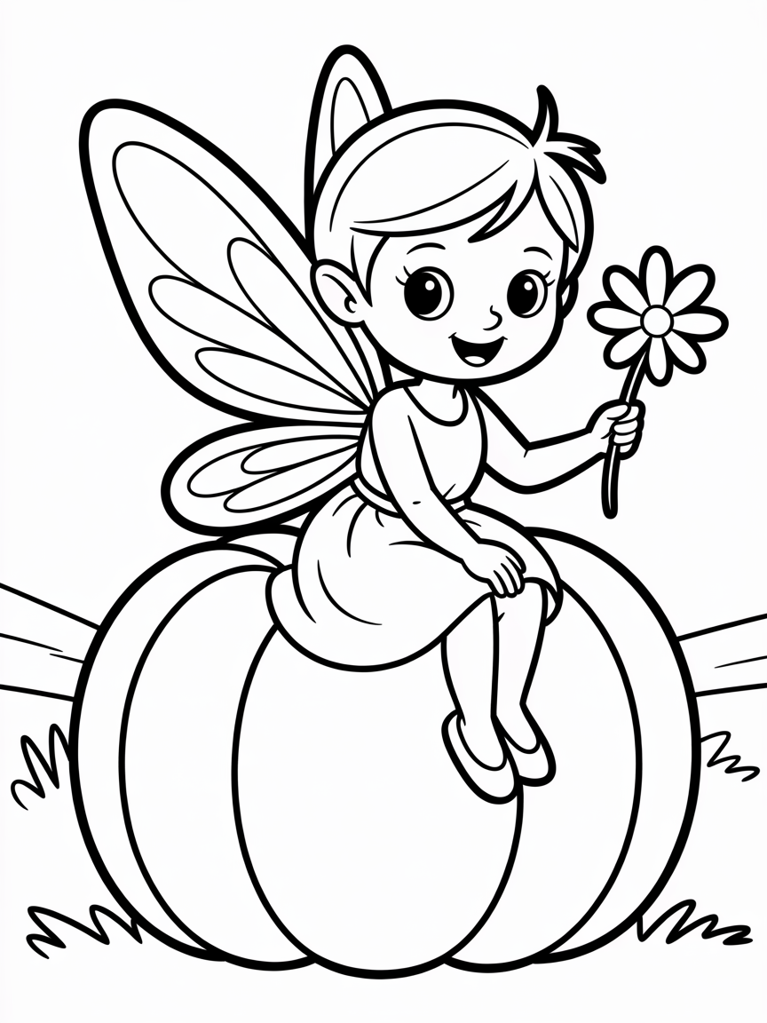 Fairy sitting on a pumpkin - Free Coloring Page