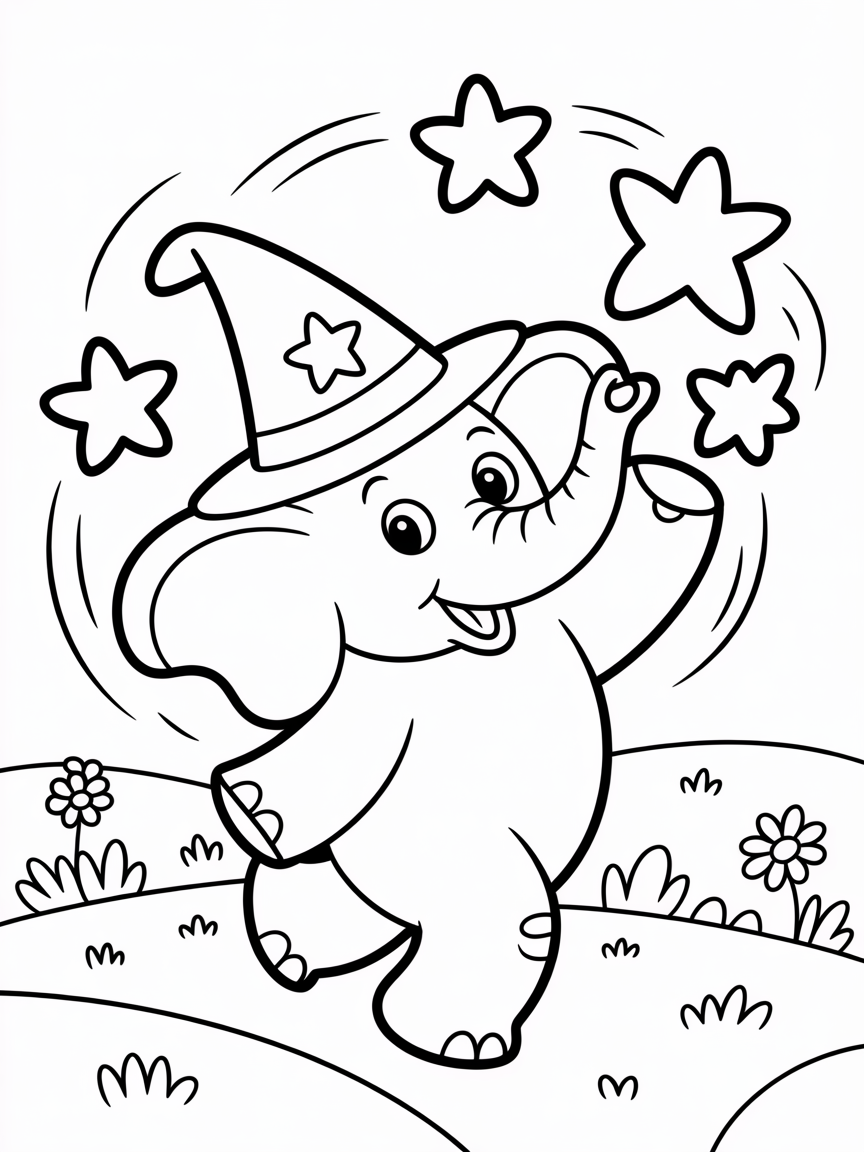 Elephant wearing a wizard hat juggling stars - Free Coloring Page