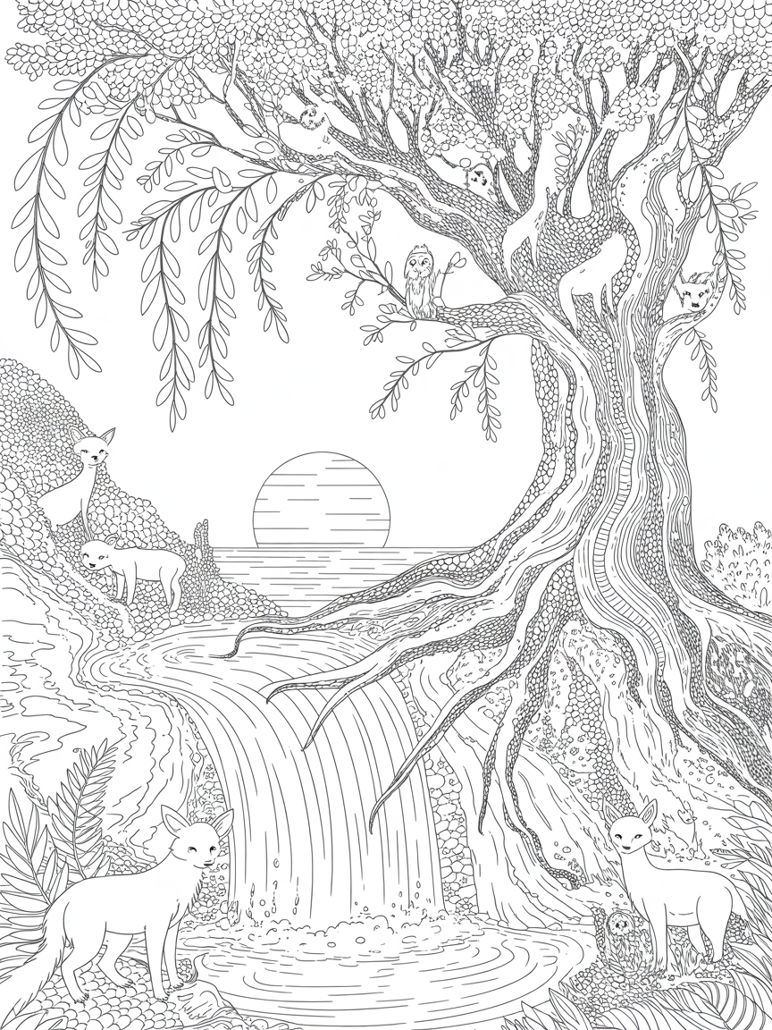 Fantasy tree with hanging leaves, a sunset and waterfall with woodland animals - Free Coloring Page